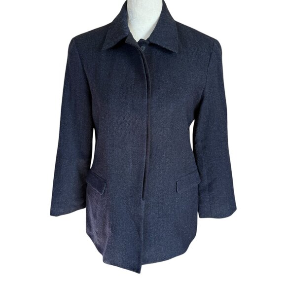 Women's dark blue long sleeve collared button down fully lined wool jacket 6 - Picture 9 of 13